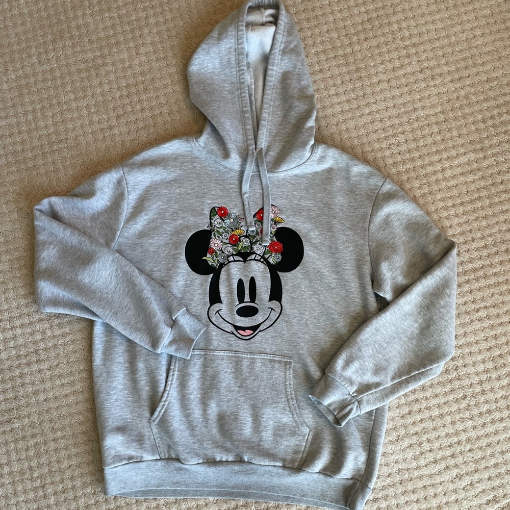 Disney Minnie Mouse Floral Embroidery Fleece Sweatshirt Hoodie Gray/Multicolor - Picture 8 of 10